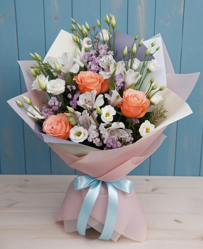 Букет цветов из: Лизиантусы, Розы, Альстромерии и Гипсофила в Куршаве