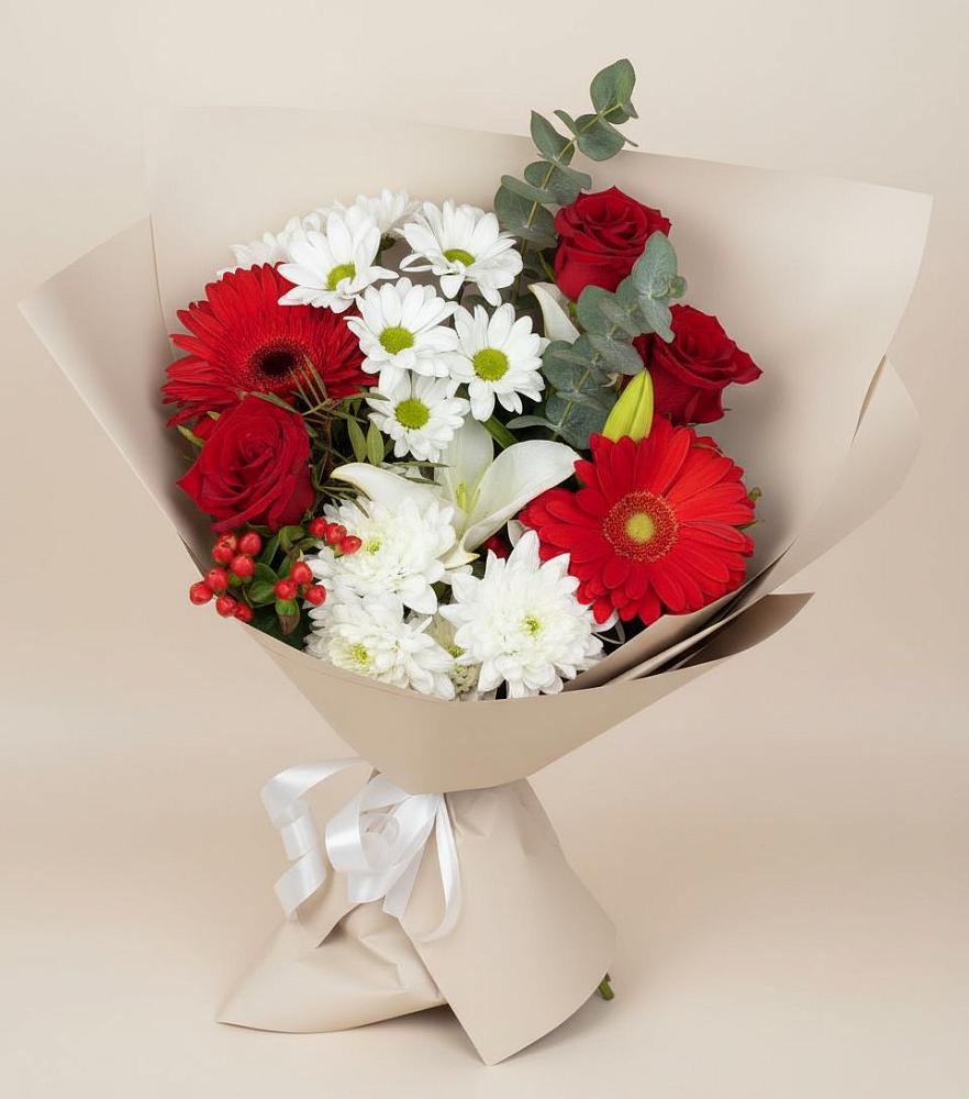 Букет цветов из: Розы, Хризантемы, Герберы и Лилии в Куршаве